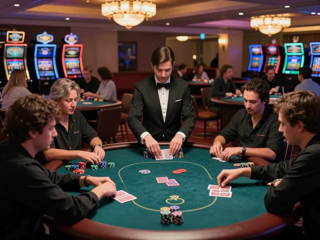 Players engaging in a serious game of poker at KKWIN casino with dynamic lighting effects