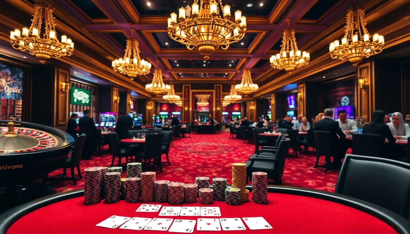 Players at a vibrant poker table with chips and cards, showcasing https://lu88bb.com/ excitement.