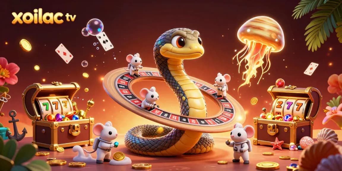 Xoilac TV showcases a vibrant scene of a roulette wheel and betting mice in an immersive casino universe.