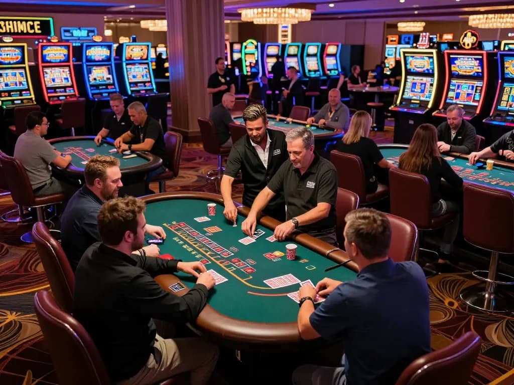 Players engage in an intense blackjack game at a vibrant Las Vegas casino floor, capturing the excitement of VA88.
