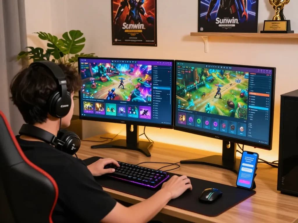 Exciting gameplay on Sunwin platform with vibrant monitors and gaming setup.