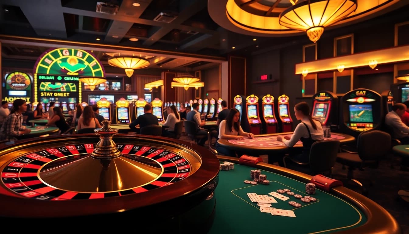 Excited players enjoying games at GO8 casino tables with roulette wheel and vibrant slot machines.