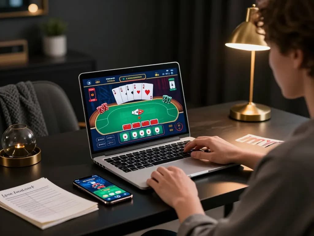 Engaging online poker gameplay with uu88me on a laptop in a cozy home environment.