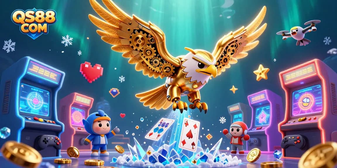Engage in thrilling gameplay at QS88 COM with a vibrant scene of a golden eagle diving through holographic cards.