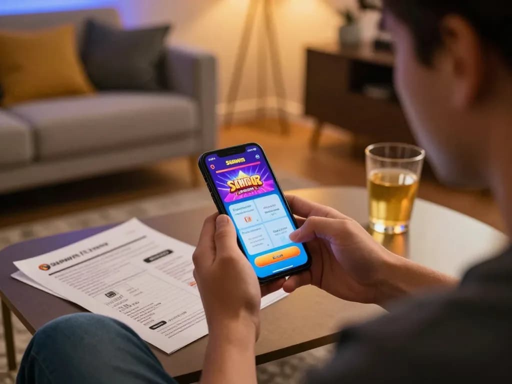 Engaging with the Sunwin casino app on a smartphone in a cozy home setting