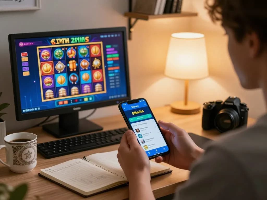 Person enjoying a game on the 58wiin app while taking strategic notes at home.