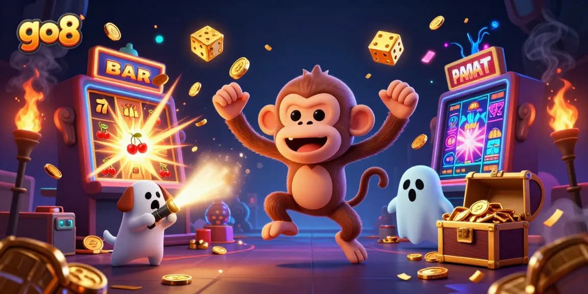 Go8-themed casino illustration with a mischievous monkey juggling golden objects amidst a jackpot explosion.