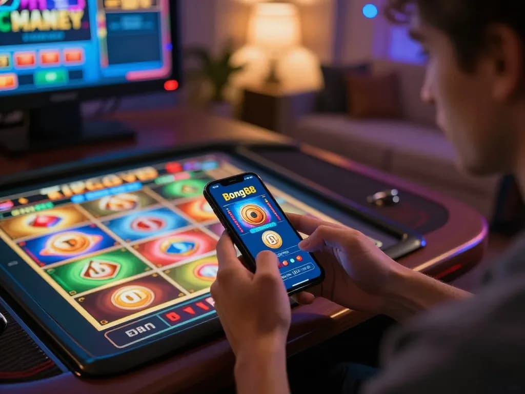 Bong88 user engaging with the mobile app for an exciting online gambling experience at home.