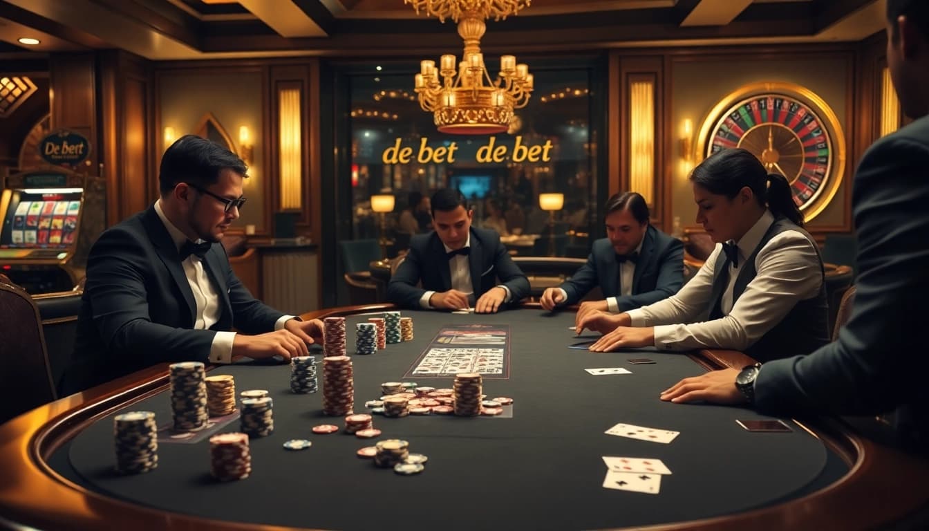Experience the thrill of De bet at a luxury poker table filled with vibrant chips and exciting gameplay.