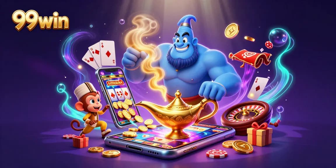 Experience the excitement of online gaming with 99win featuring a cartoon genie, poker chips, and slot games.