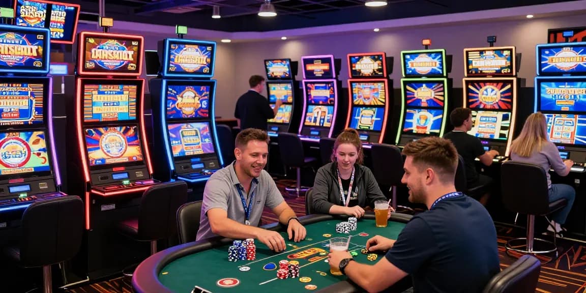 A dynamic scene within non UK casinos not on GamStop, featuring excited players at slot machines under colorful lights, highlighting the vibrant gaming atmosphere.