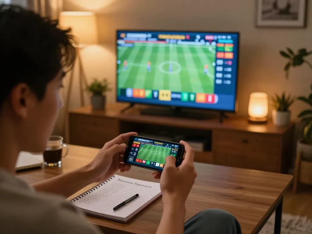 Person placing bets on smartphone, maximizing tỷ lệ kèo nhà cái with strategy notes at home.
