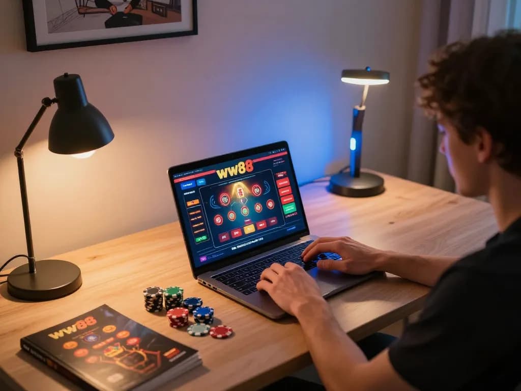 Engaging in online casino gaming at ww88 with a laptop setup, showcasing poker chips and strategy materials