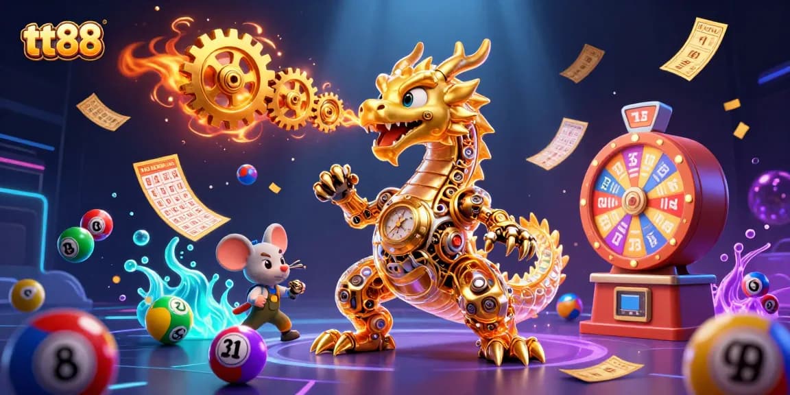 Engage in thrilling gaming adventures with tt88's vibrant 3D illustration showcasing a biomechanical dragon, colorful lottery elements, and dynamic prize features.