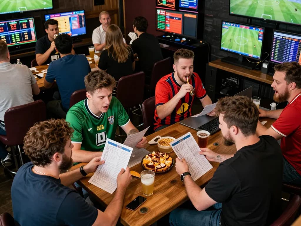 Friends engaging in sports betting excitement at F8BET, reviewing slips, lively atmosphere
