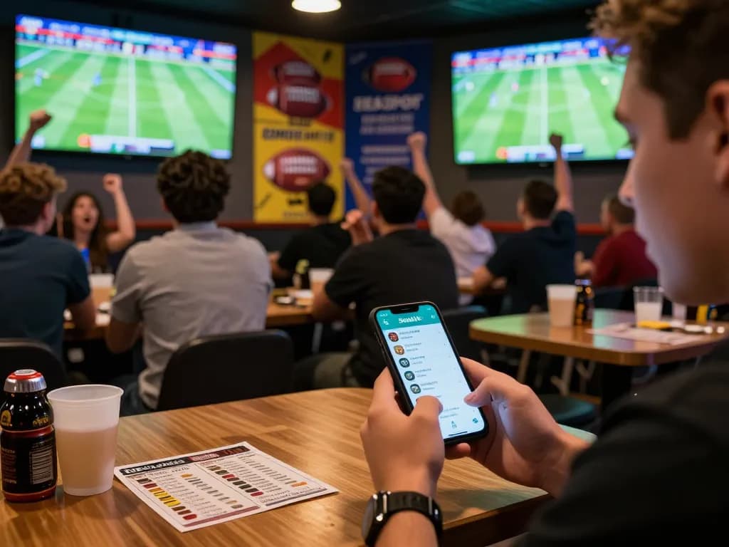 Socolive user placing bets while enjoying a thrilling live football match at a bustling sports lounge.
