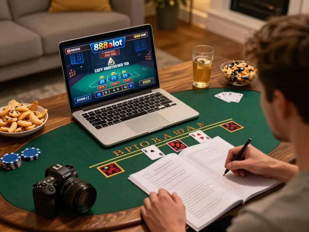 Player enjoying a thrilling online blackjack game on 888slot com, showcasing strategy and engagement in a home setting.