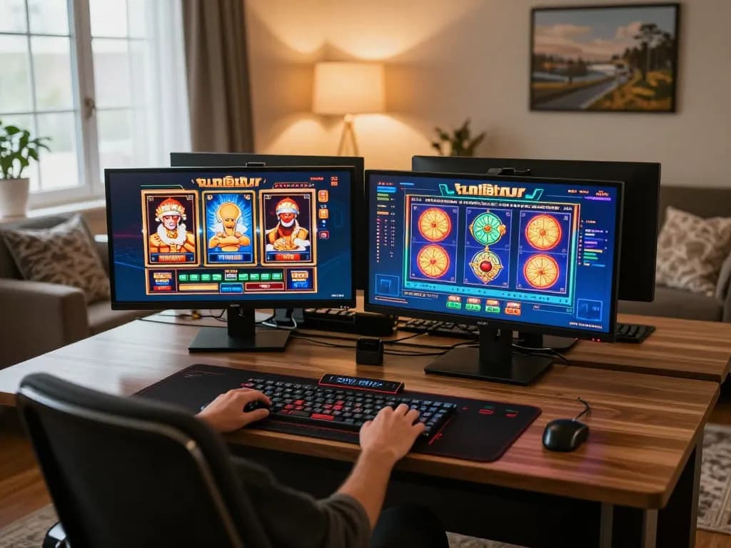 Player engaging with qq88 online casino on sleek dual monitors, showcasing vibrant gaming interfaces in a stylish setup.