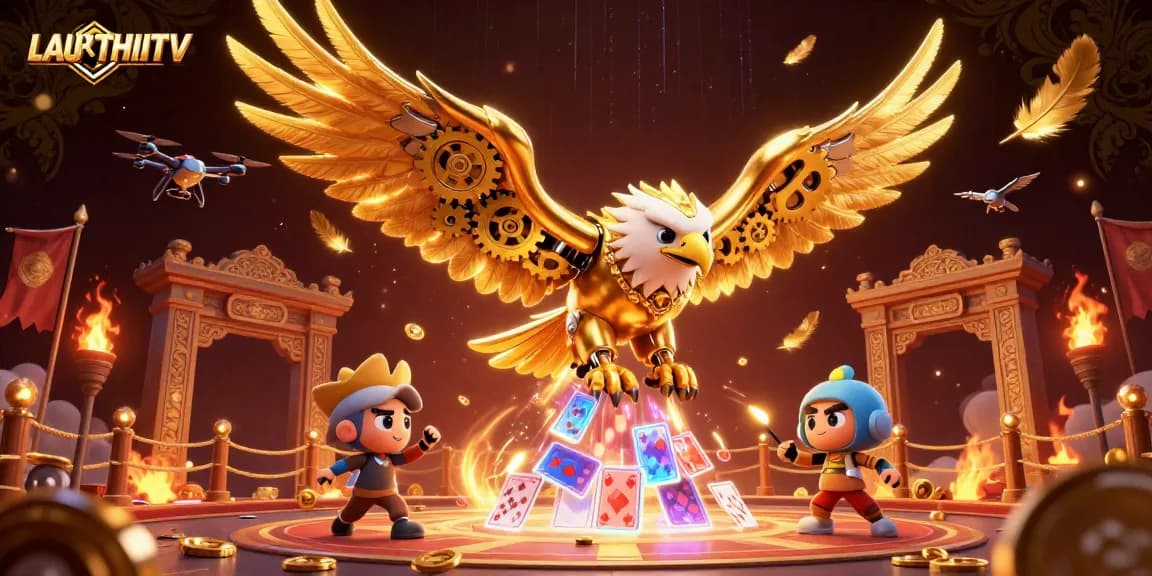 LAUTHAITV showcases a spectacular sports betting scene with a cybernetic eagle amidst holographic cards.