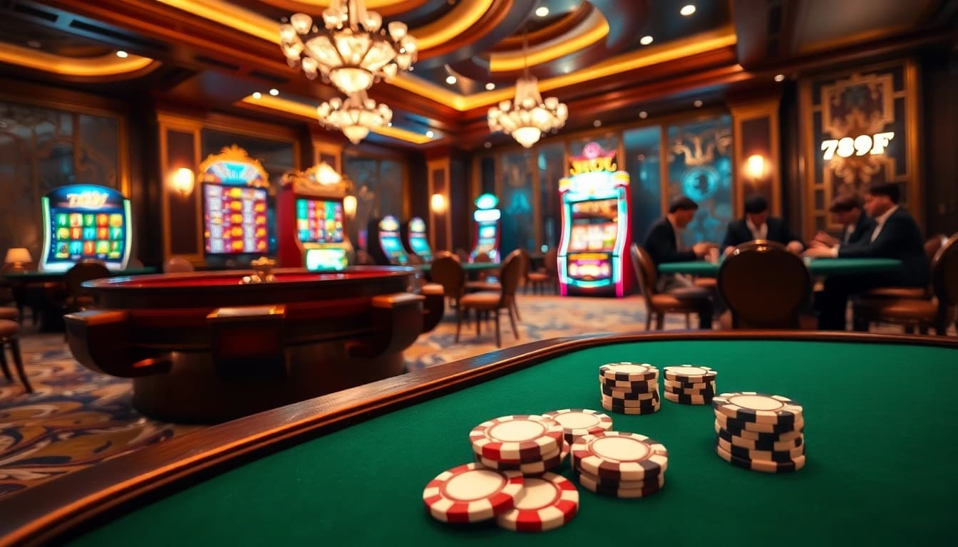 Exciting game scene at 789F Casino featuring poker chips and roulette table.