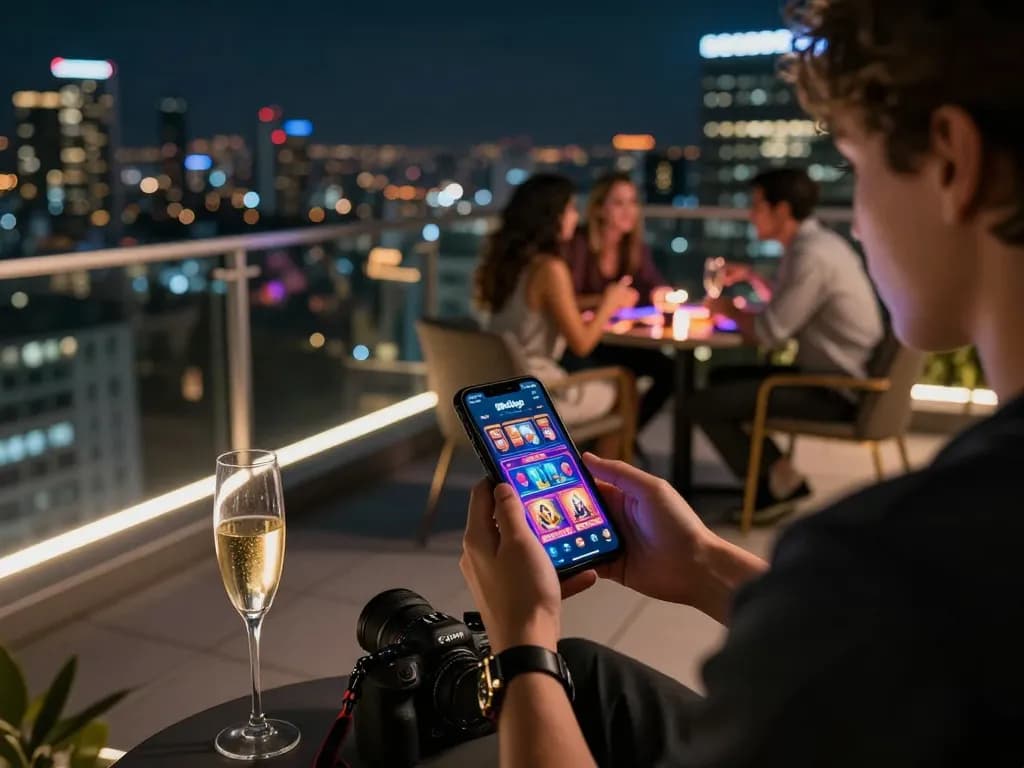 Engaging in online gaming on 88clbgo app while enjoying a luxury rooftop evening.