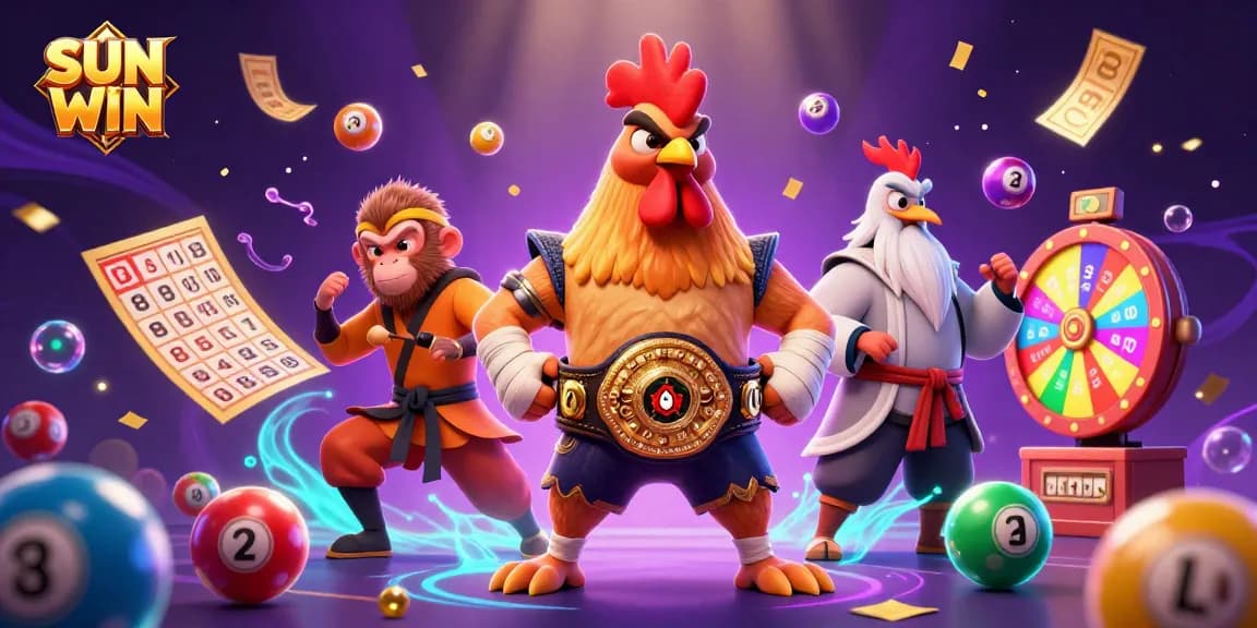 SUN WIN gaming illustration featuring dynamic characters celebrating with colorful lottery elements and casino effects.