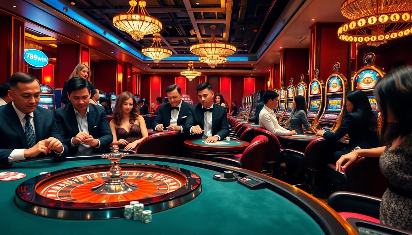 Players enjoying a luxurious casino experience at 789win with poker chips and a roulette wheel.