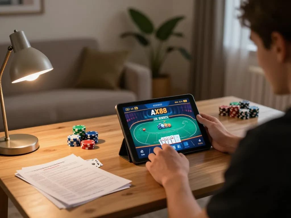 Engaged gambler playing AX88 online poker game on a tablet in a cozy home setting