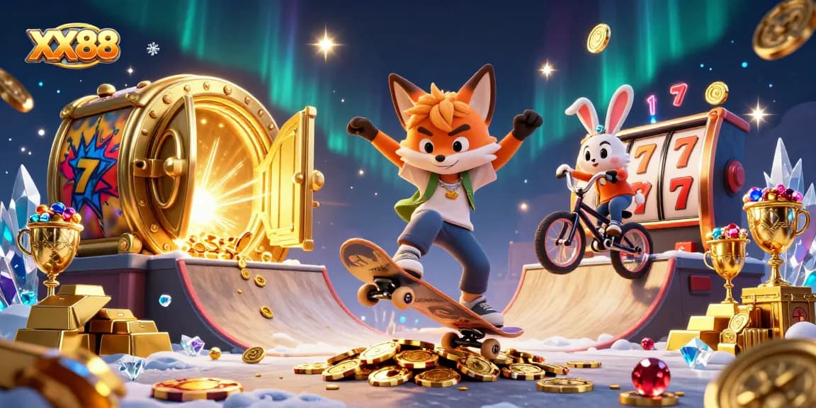 Experience the thrill of XX 88 with a vibrant casino-themed 3D scene featuring a fox and rabbit.