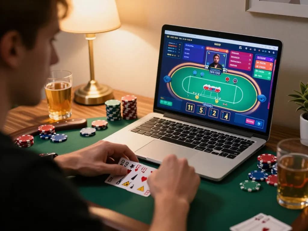 MM88 player strategizing poker game on laptop, warm home office atmosphere.