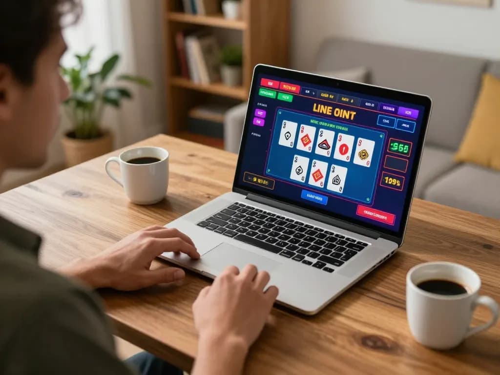 Engaging in online gaming at home with 68gamebaivn on laptop, showcasing vibrant game interface.