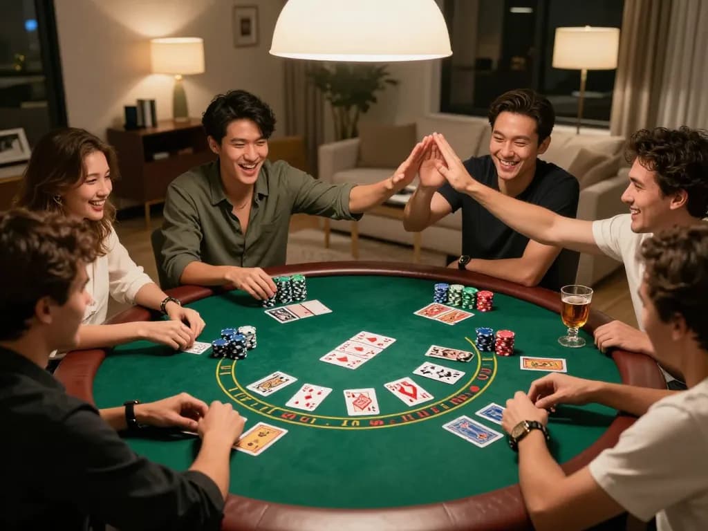 Friends enjoying a competitive blackjack game at home, capturing the lively atmosphere of five88z gaming.