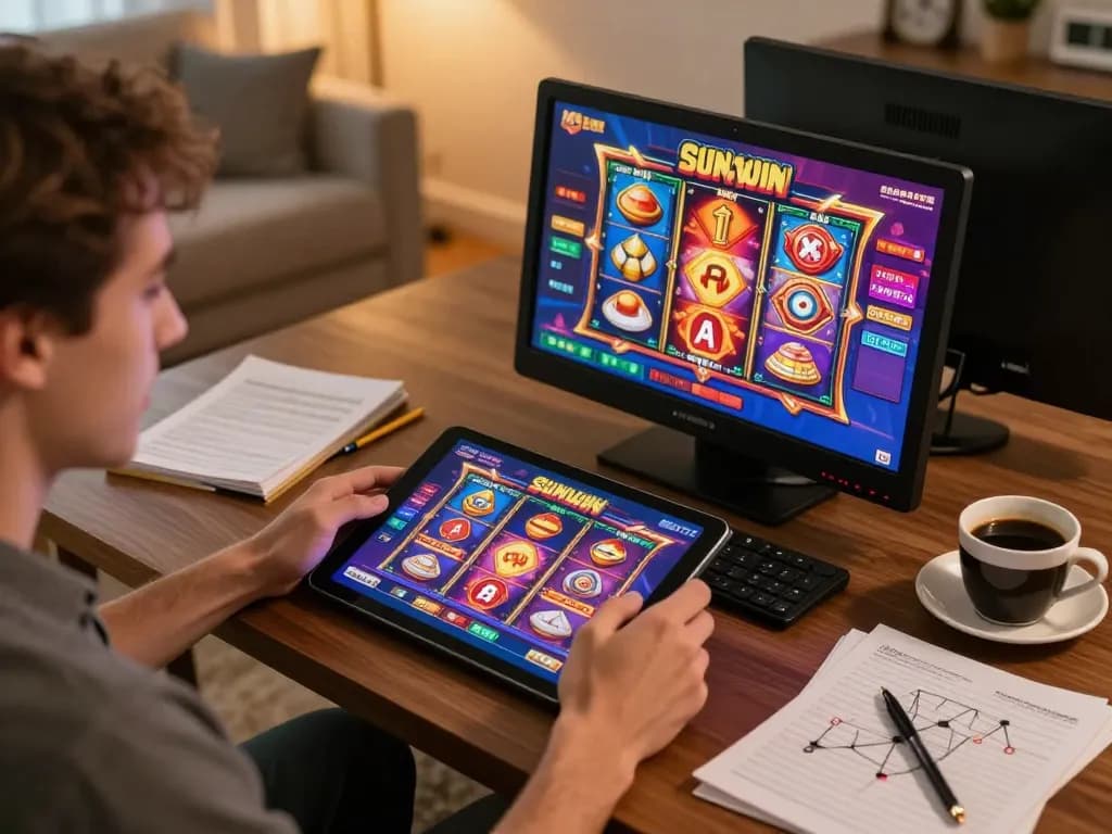 Engaging online gaming experience with Sunwin on tablet in a cozy home setting.