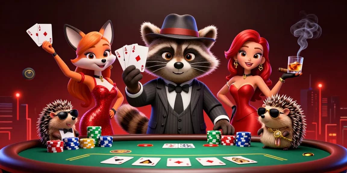 Experience the excitement of 33WIN as raccoon holds a royal flush at a vibrant poker table.