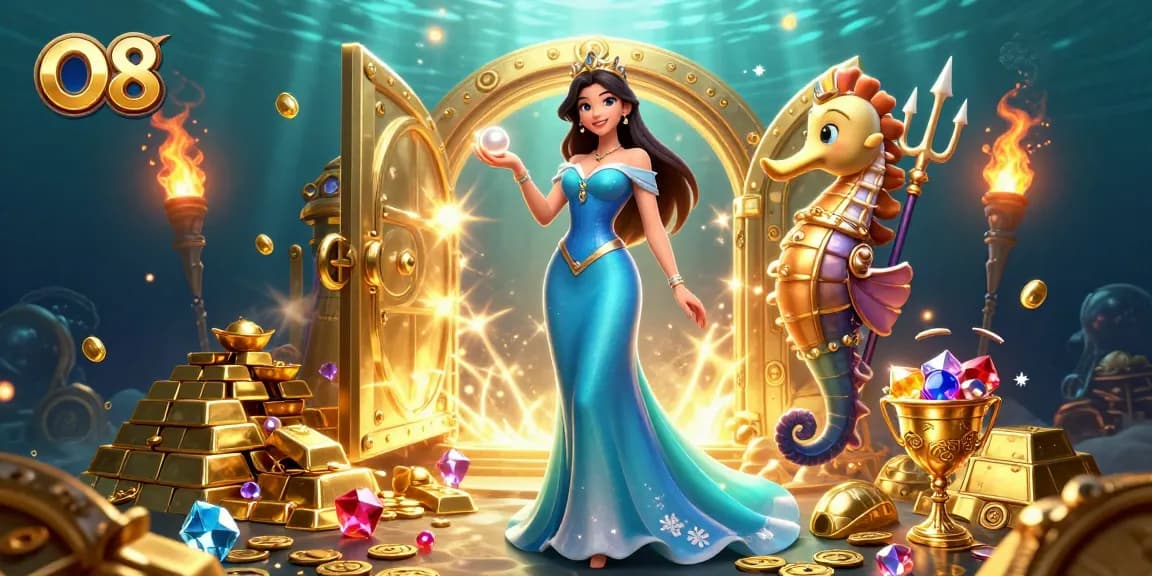 Engage in thrilling underwater adventure with O8 while discovering shimmering treasures in this vibrant casino scene.