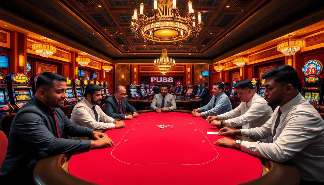 An engaging and luxurious casino scene at https://pub88.in.net/, highlighting poker action with attentive dealers and vibrant players.