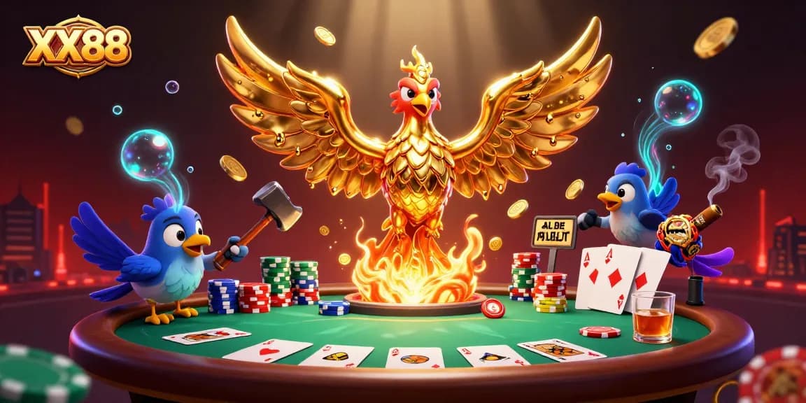 Experience thrilling games at XX88 with a rich scene of casino elements and a molten phoenix