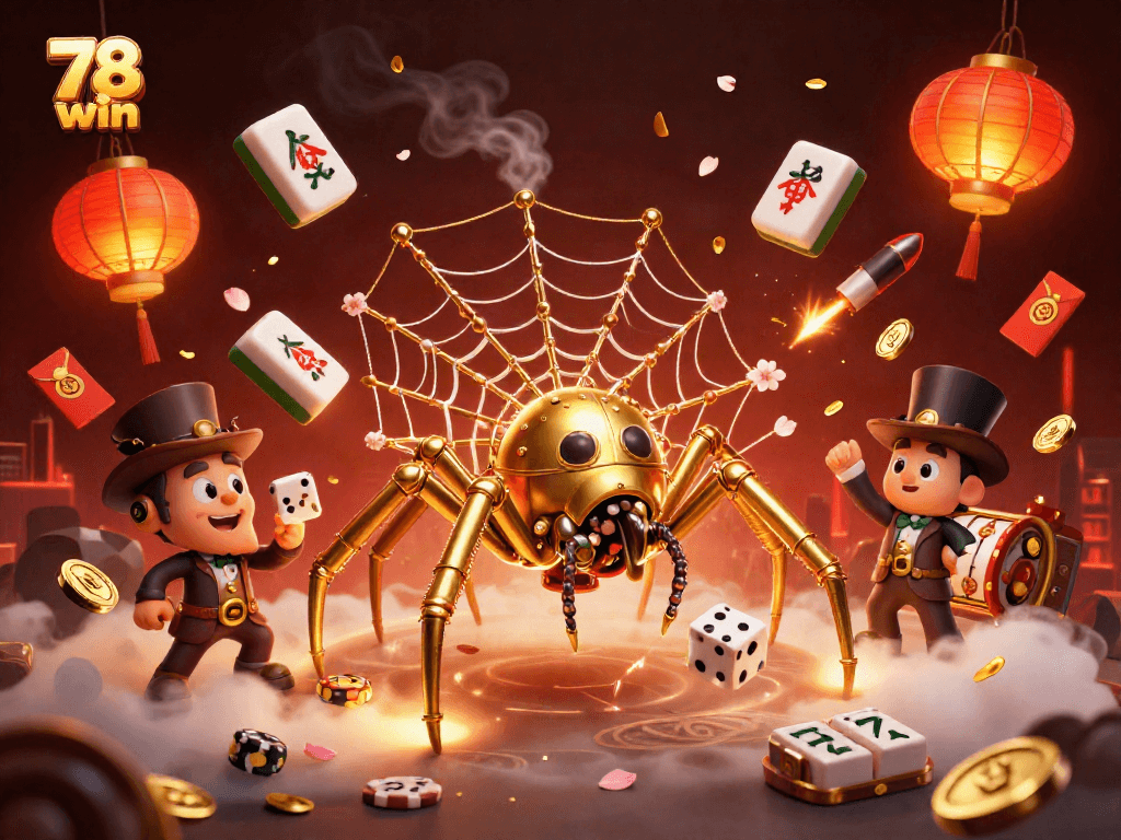The 78 win illustration showcases a steampunk spider amidst a rich casino scene, capturing luck and excitement in gambling.
