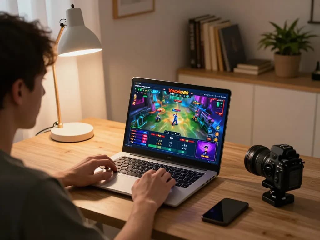 Immerse in Xocdia88 online gaming excitement with vibrant interface displayed on a laptop in a cozy home setting