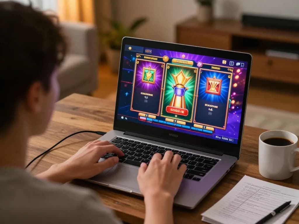 Experience online gaming with 33win, featuring vibrant slot game interface on a cozy home setup