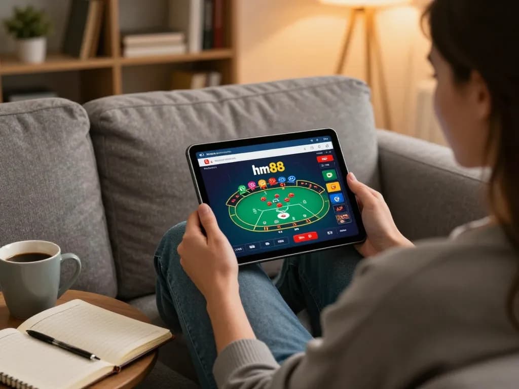 Player enjoying hm88 online casino game on tablet in a cozy living room.