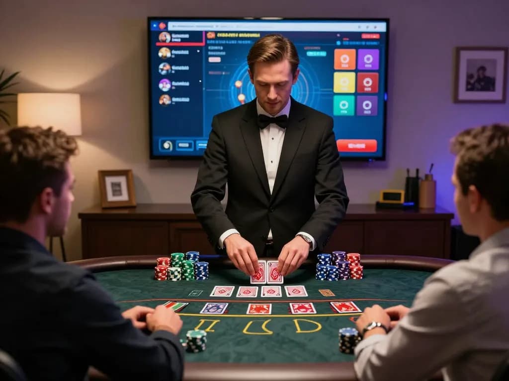 Players engaging with MM88 live dealer blackjack at an upscale online casino, showcasing excitement and strategy.