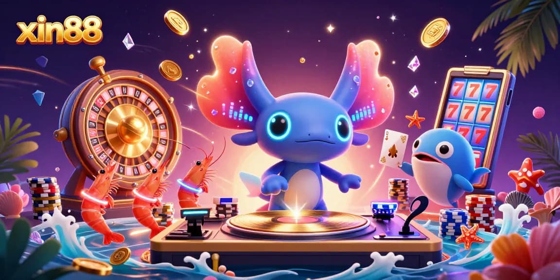 Experience the lively excitement of xin88 with a vibrant casino scene featuring an axolotl DJ and dynamic game elements.