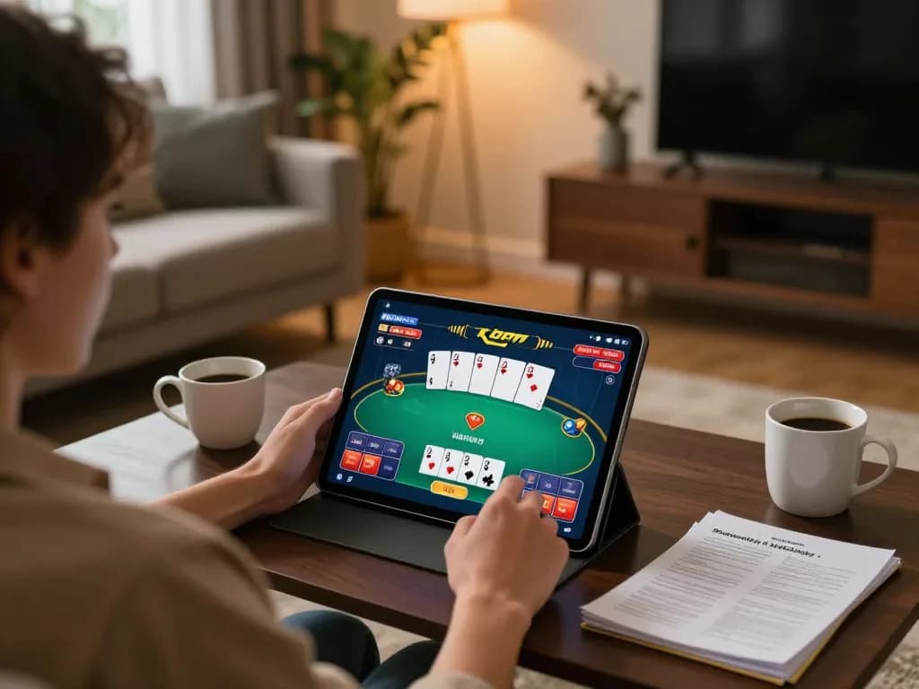 Engaging online gaming on atq com with poker gameplay in a cozy living room setup.