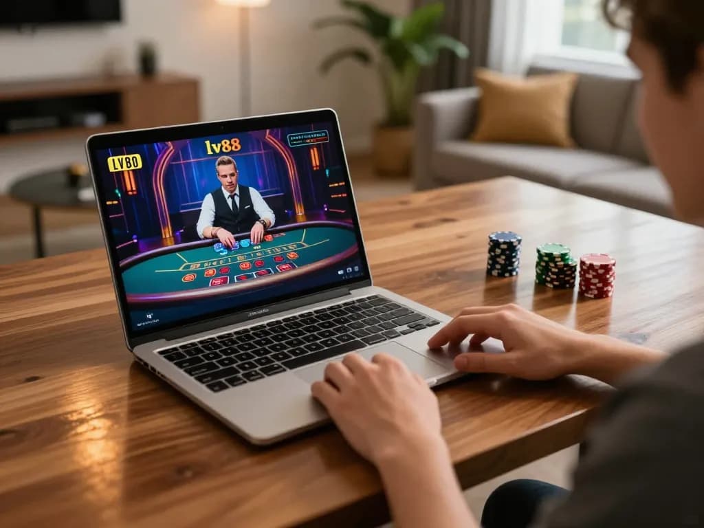 Engaged player strategizing on lv88 while enjoying online blackjack at home with a laptop