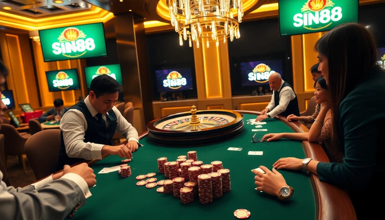 SIN88 betting excitement at a luxurious casino table with cards and chips.