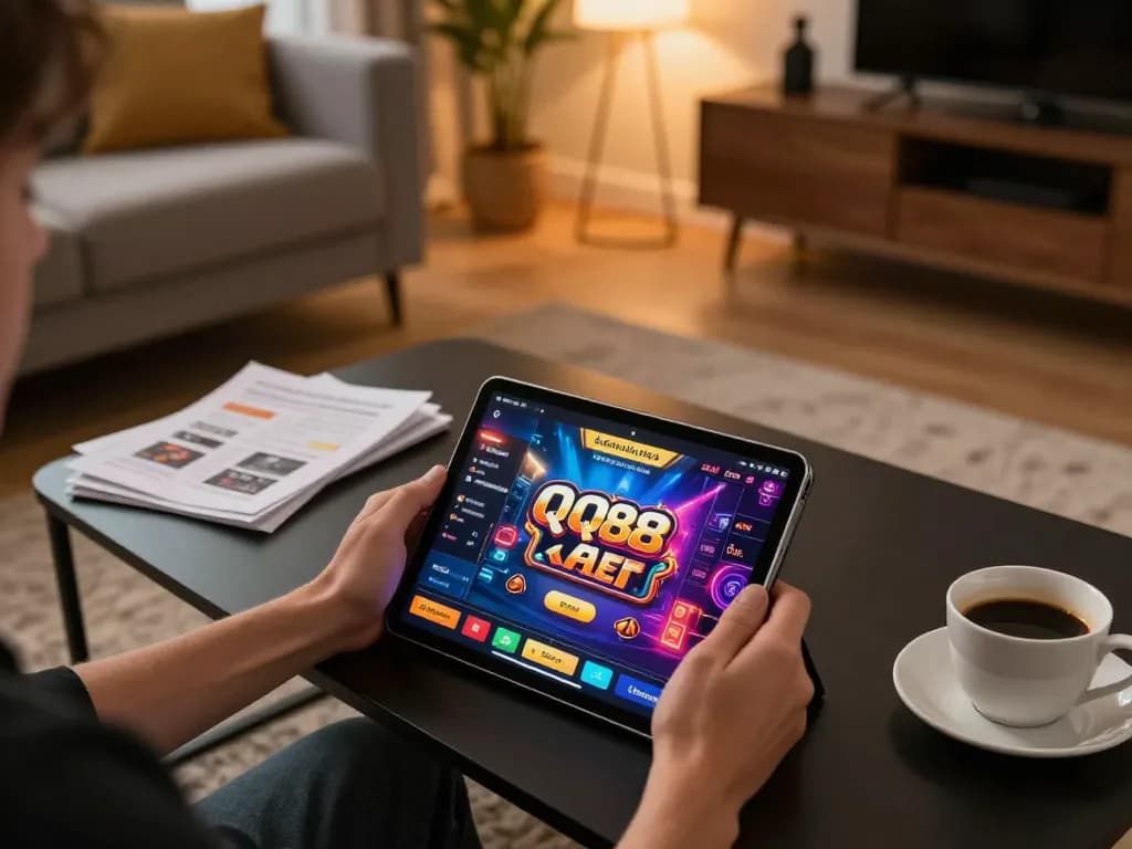 Engaging with the QQ88 AE mobile casino app in a cozy home atmosphere while enjoying strategic gaming.