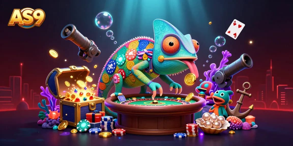Experience exciting gameplay at AS9 with a colorful chameleon casino owner in a vibrant underwater scene.