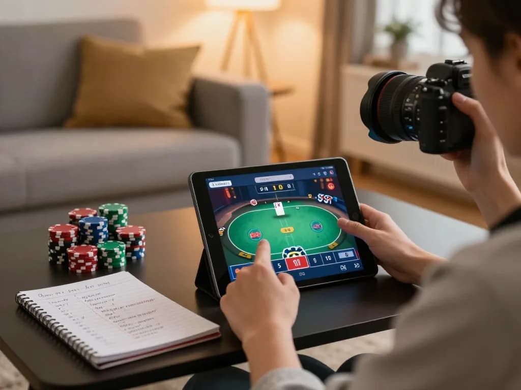 Engaging gameplay at Fly88 online casino, player using tablet for poker strategy in cozy home setting.