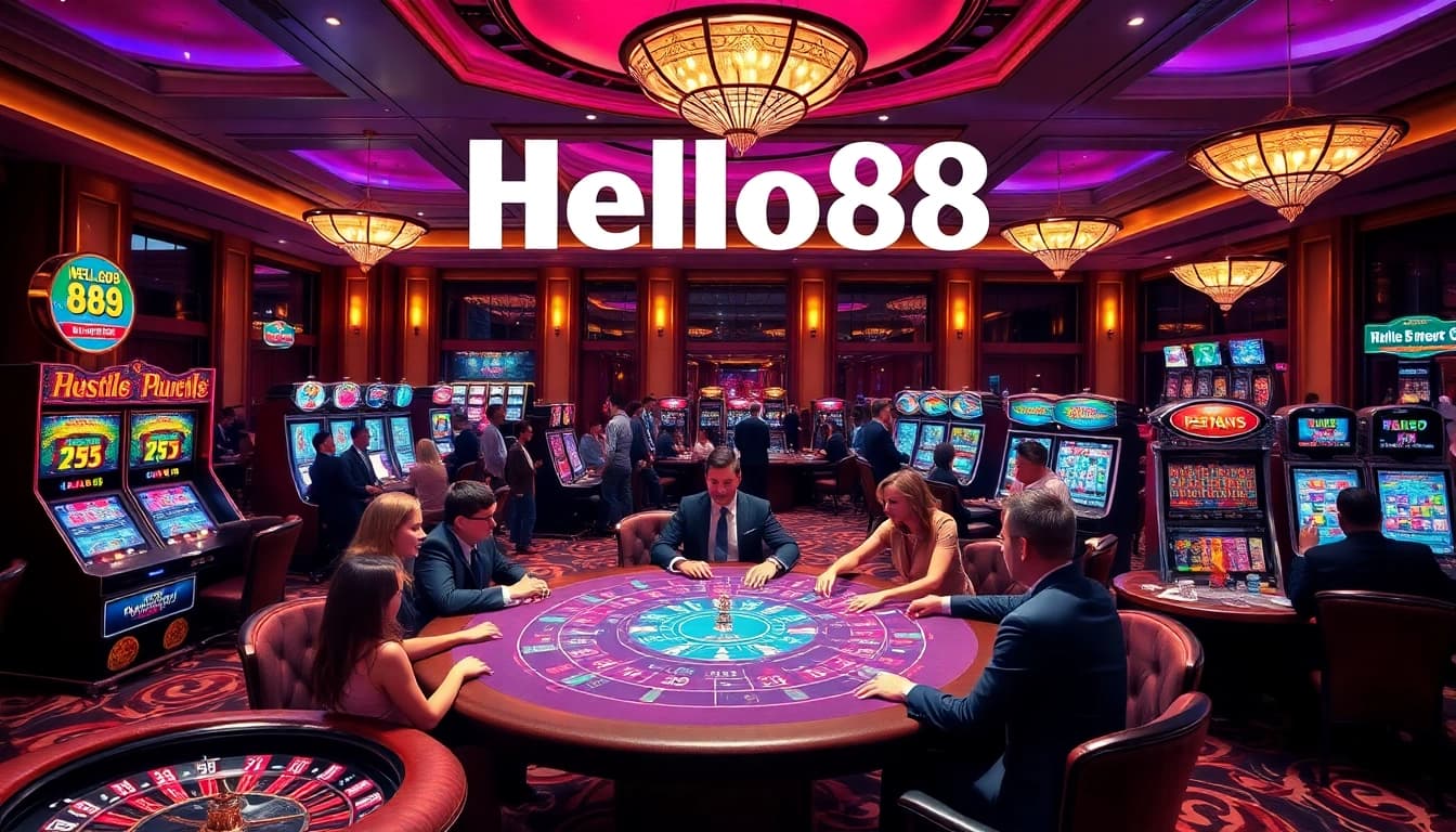 Hello88 offers an exciting poker game scene in a luxurious casino setting, highlighting players and vibrant slot machines.